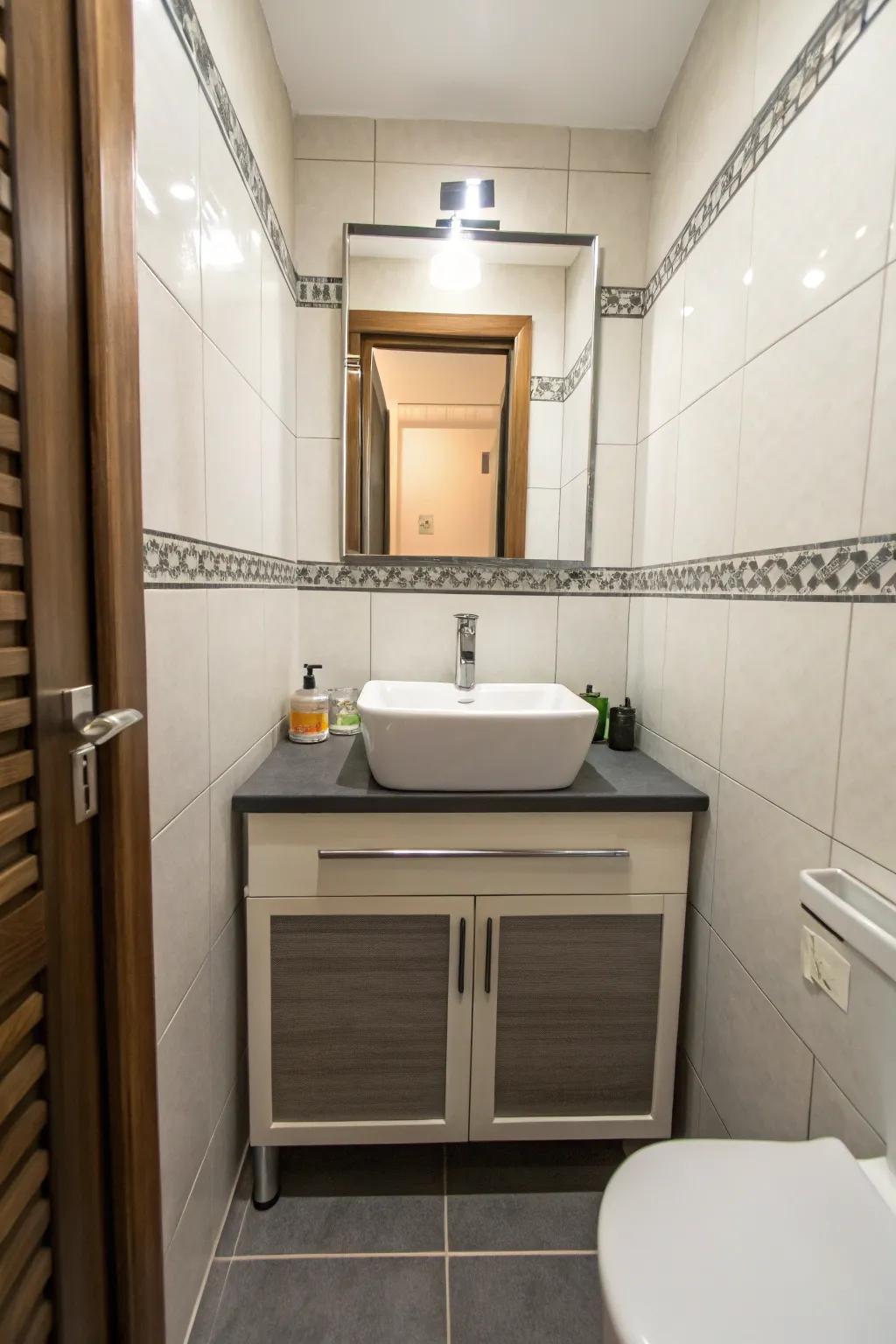 A slim vanity perfectly suited for a small bathroom, delivering both aesthetic appeal and practicality.
