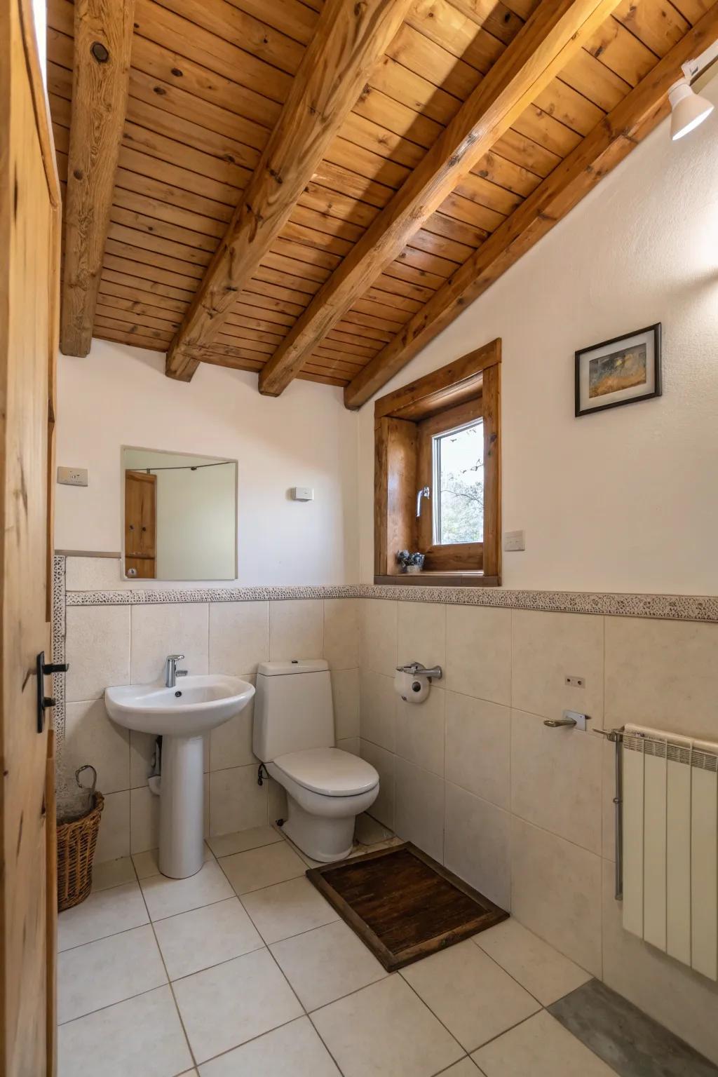 A bathroom showcasing a raw wood roof that radiates coziness.