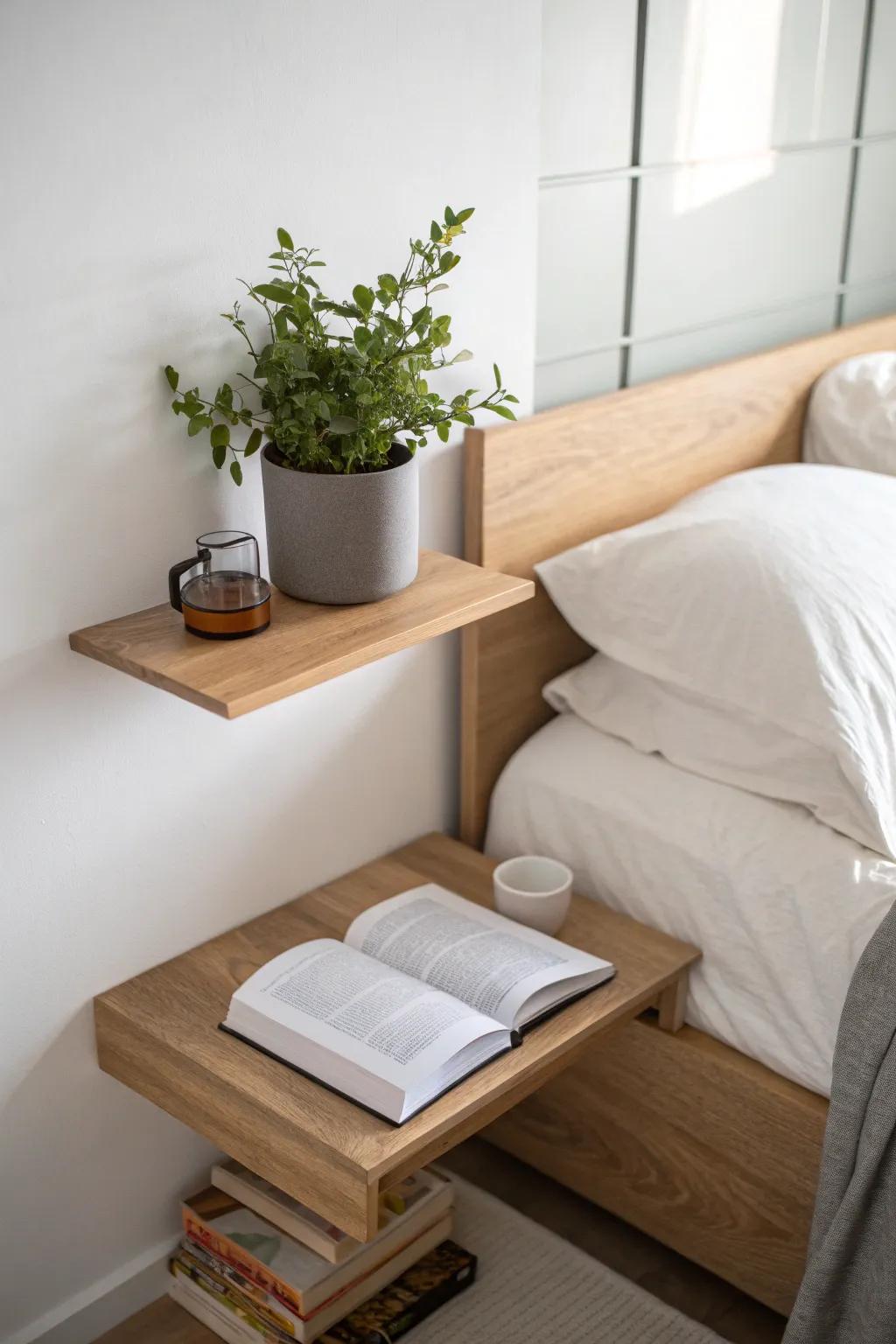 A wall-mounted shelf creates a streamlined and space-efficient bedside arrangement.
