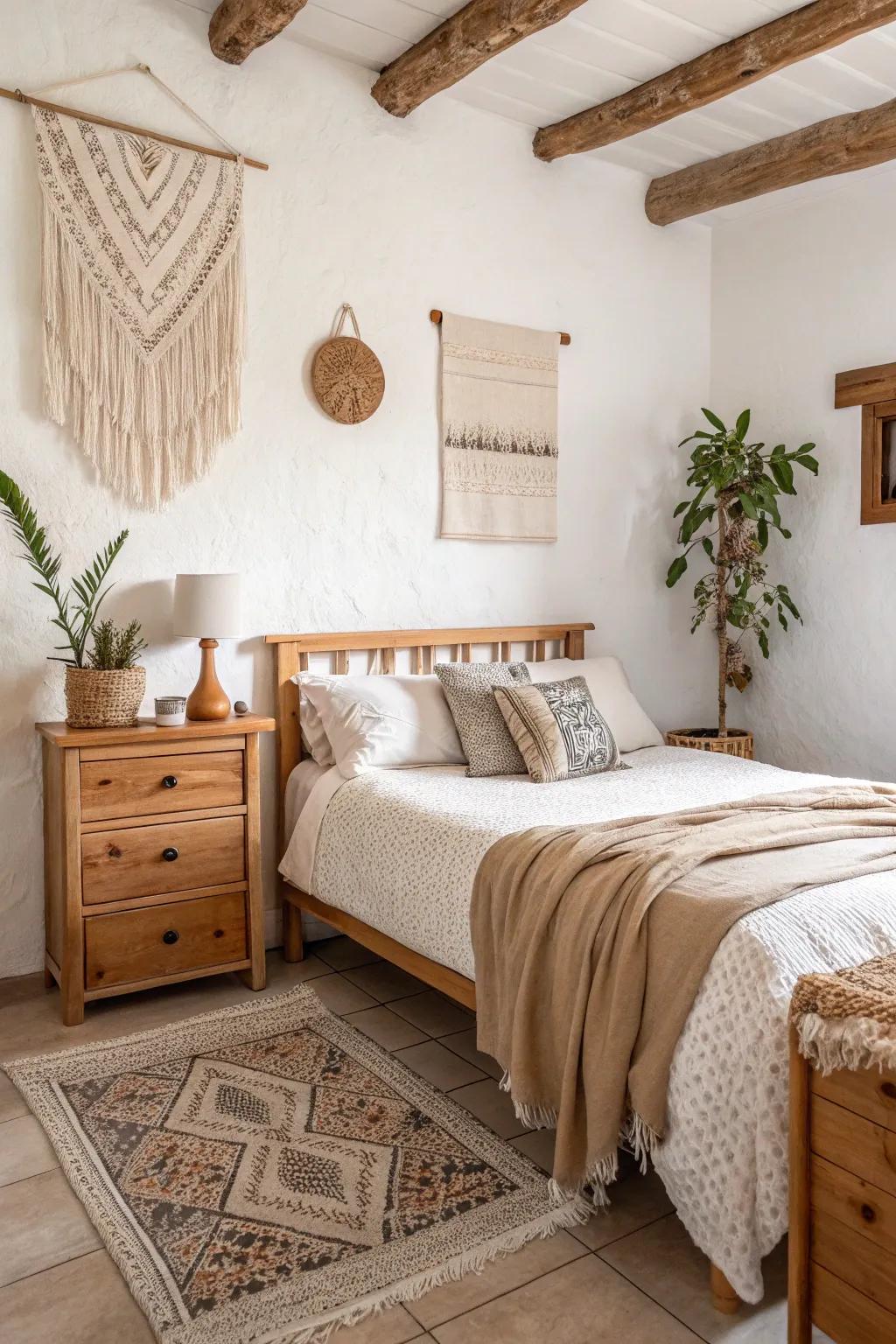Subdued and natural hues establish a peaceful backdrop in this compact boho bedroom