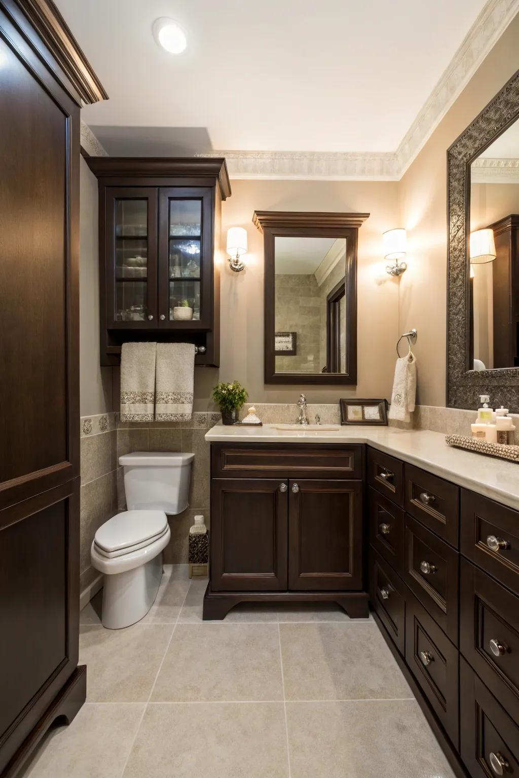 Cabinets in rich cocoa infuse sophistication into a small bathroom.