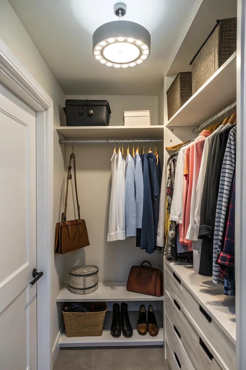 An overhead light beautifully illuminates a small closet.