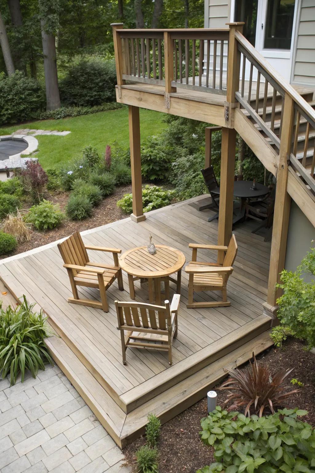 Split-level decks bring charm and practicality to limited areas.