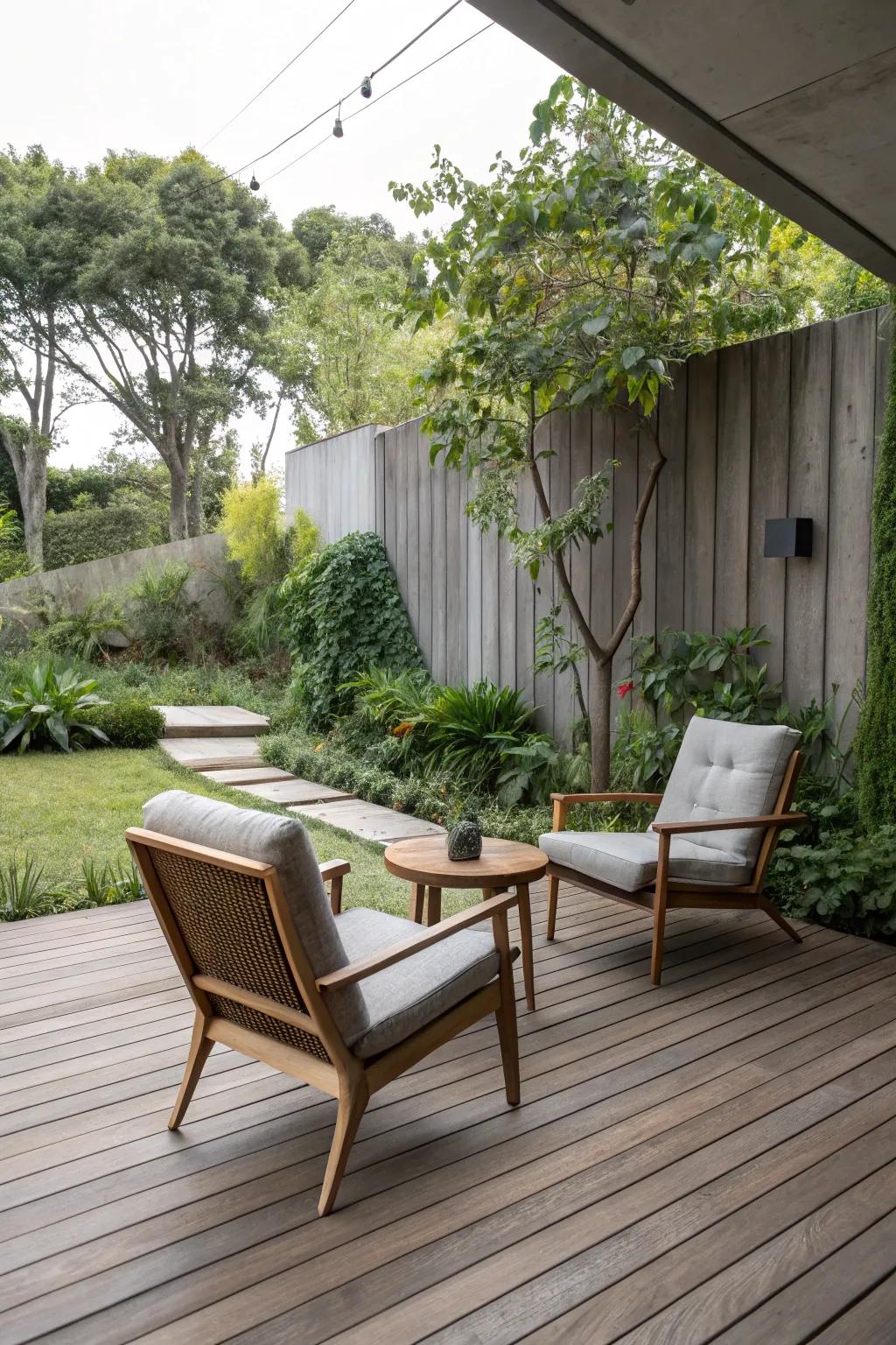 A minimalist platform deck featuring simple seating arrangements.