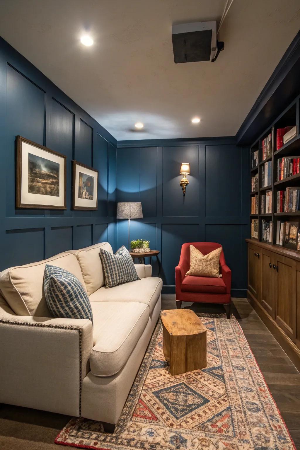 Striking wall colors lend depth to a small den.