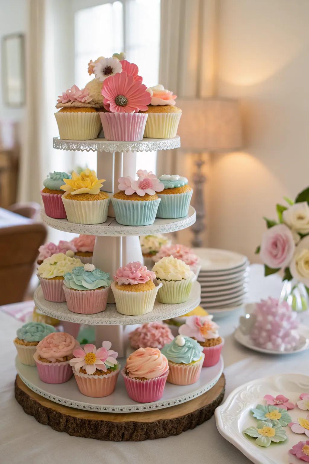 A soaring array of pastel pastries lends sophistication to a modest sweet treats table.