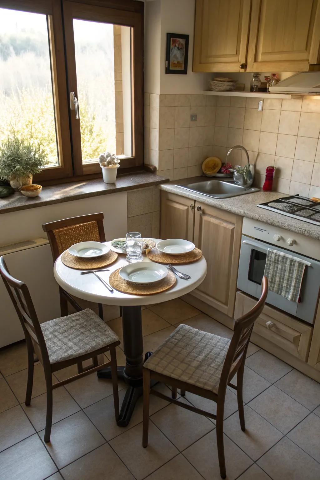 A space-saving table fits perfectly into a snug kitchen area.