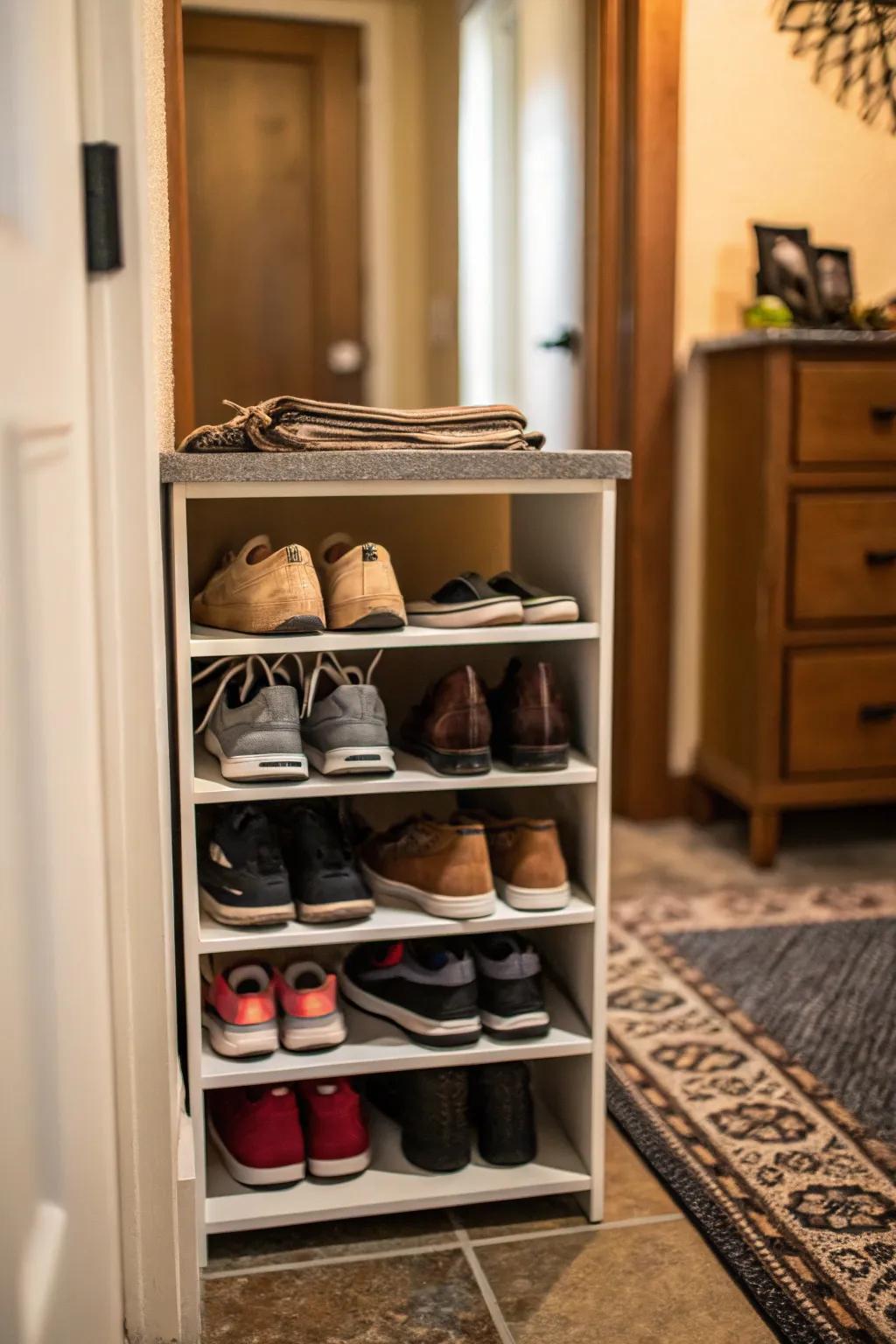 Tiered shelving maximizes footwear storage in constrained areas.