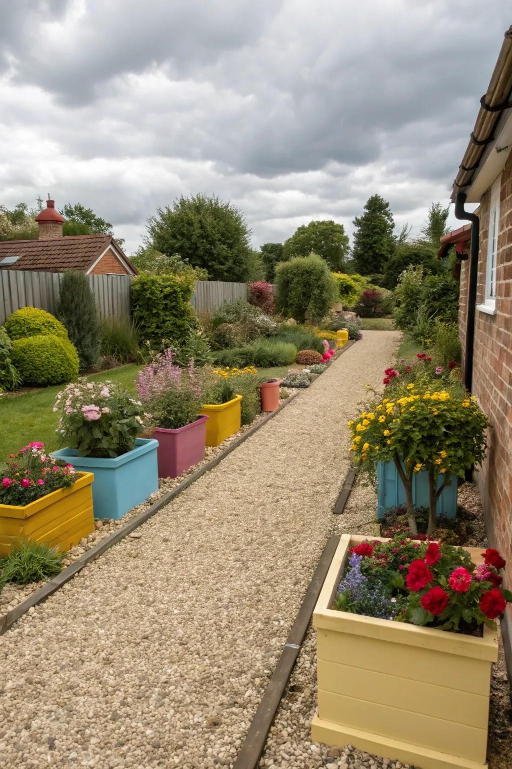 A sleek, small front garden featuring gravel pathways and lively plant pots.
