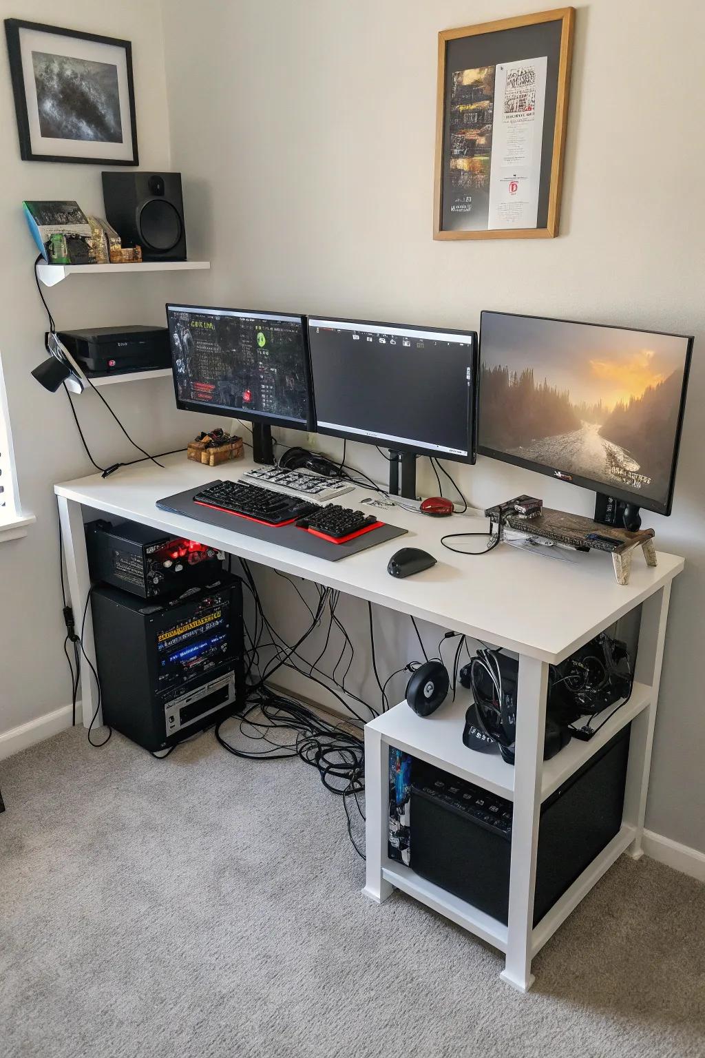 A space-saving desk, set for numerous screens, works wonders in smaller areas.