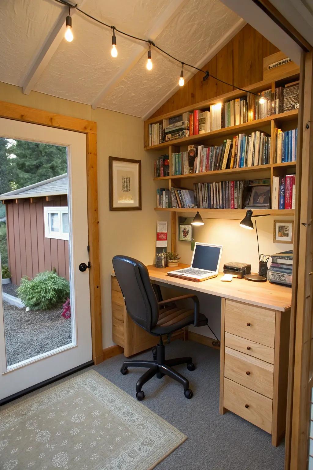 A tiny garage has been converted to become a useful home office.