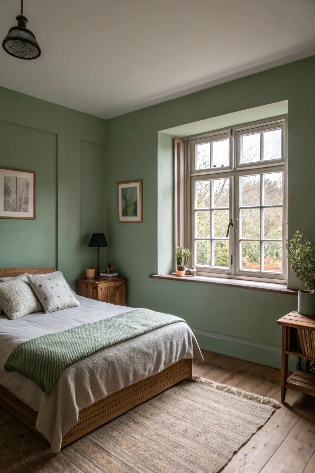 Shady pasture walls set a peaceful mood in a small bedroom.