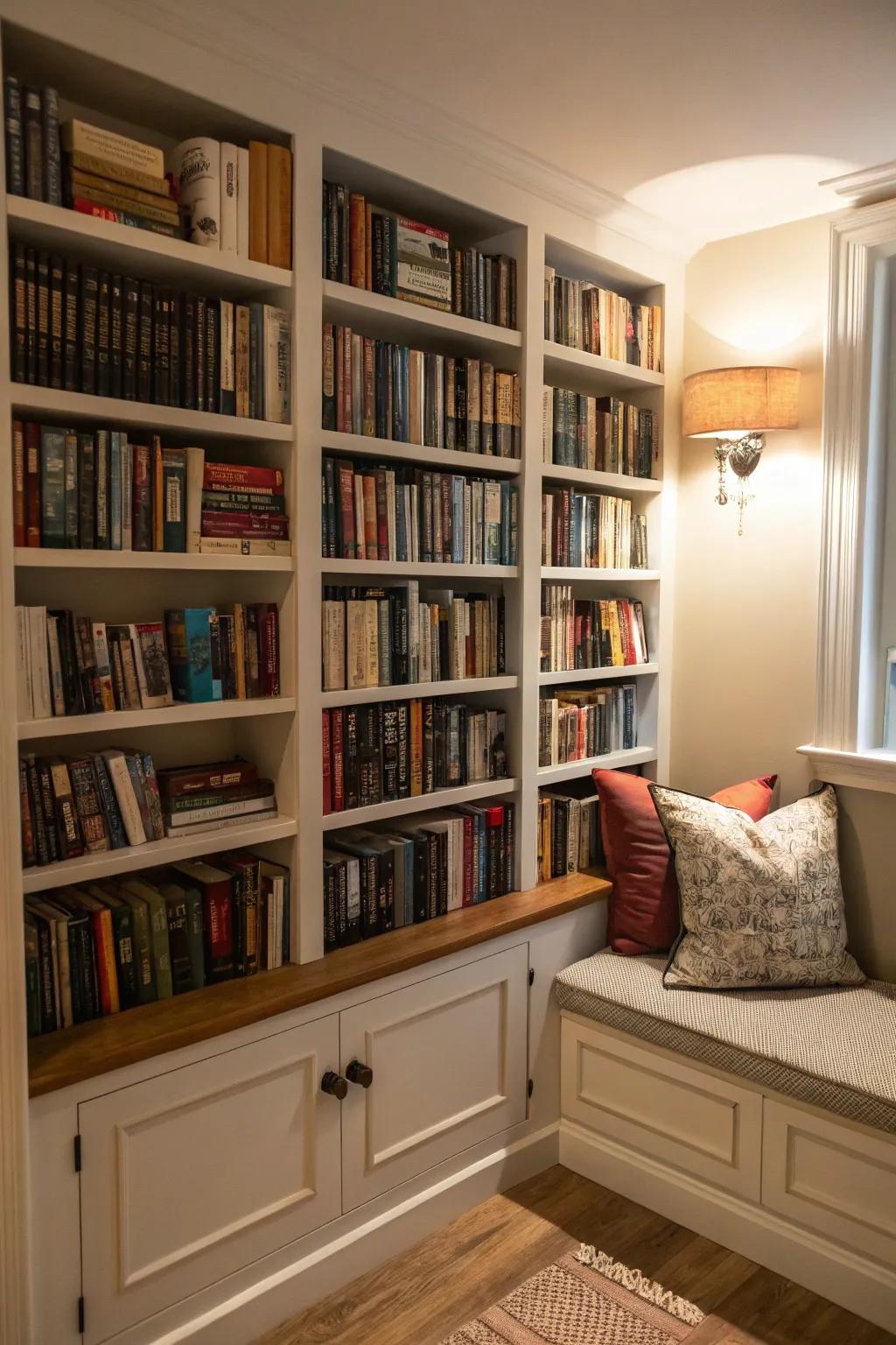 Optimize book storage by integrating shelves into the architecture of your small space.