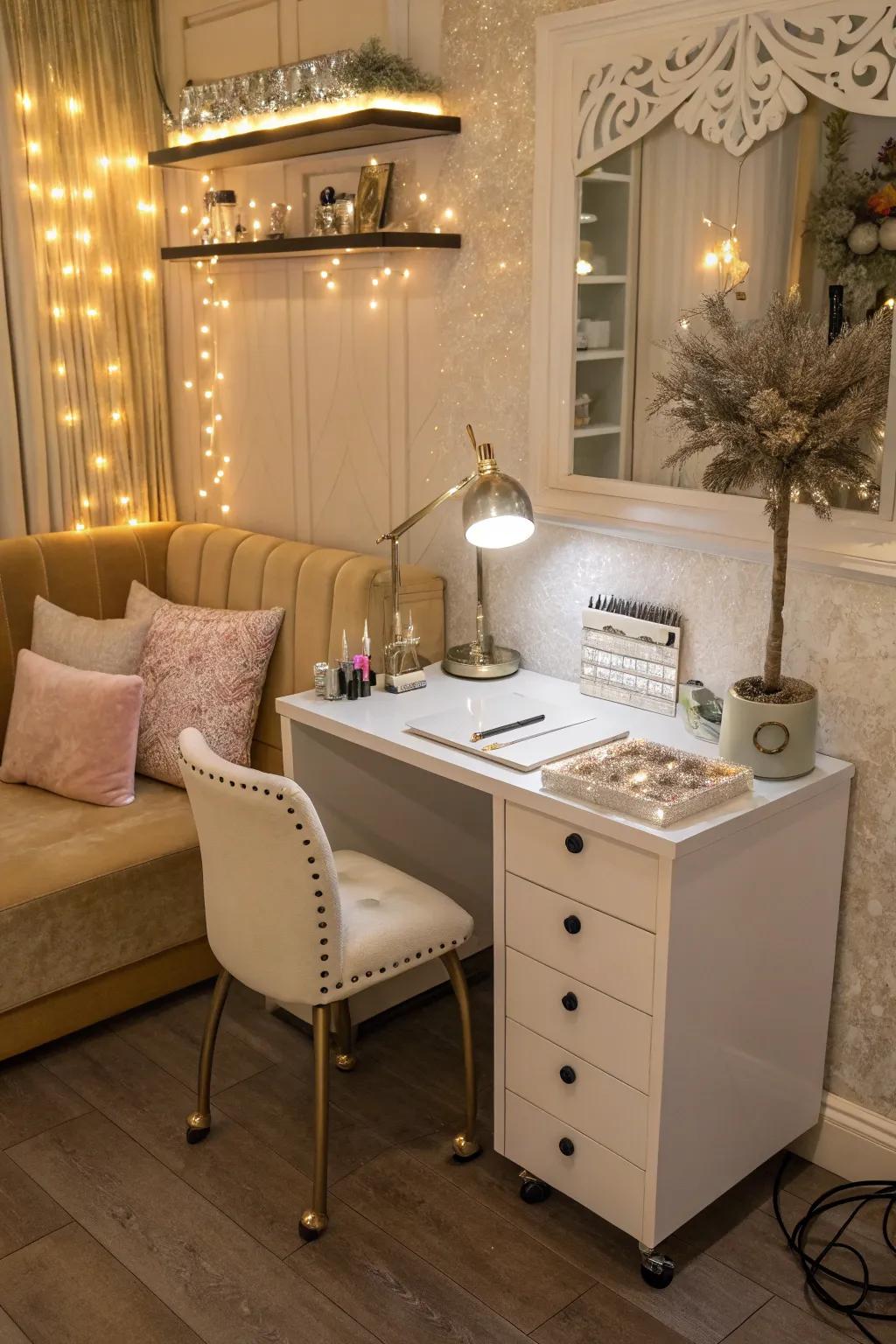 A compact nail station ingeniously situated in a small area.