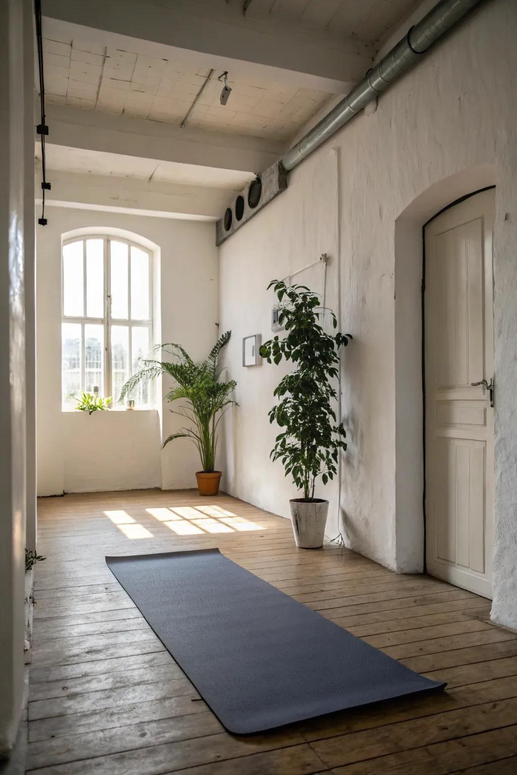 Minimalistic yoga room featuring only a yoga mat and plant.