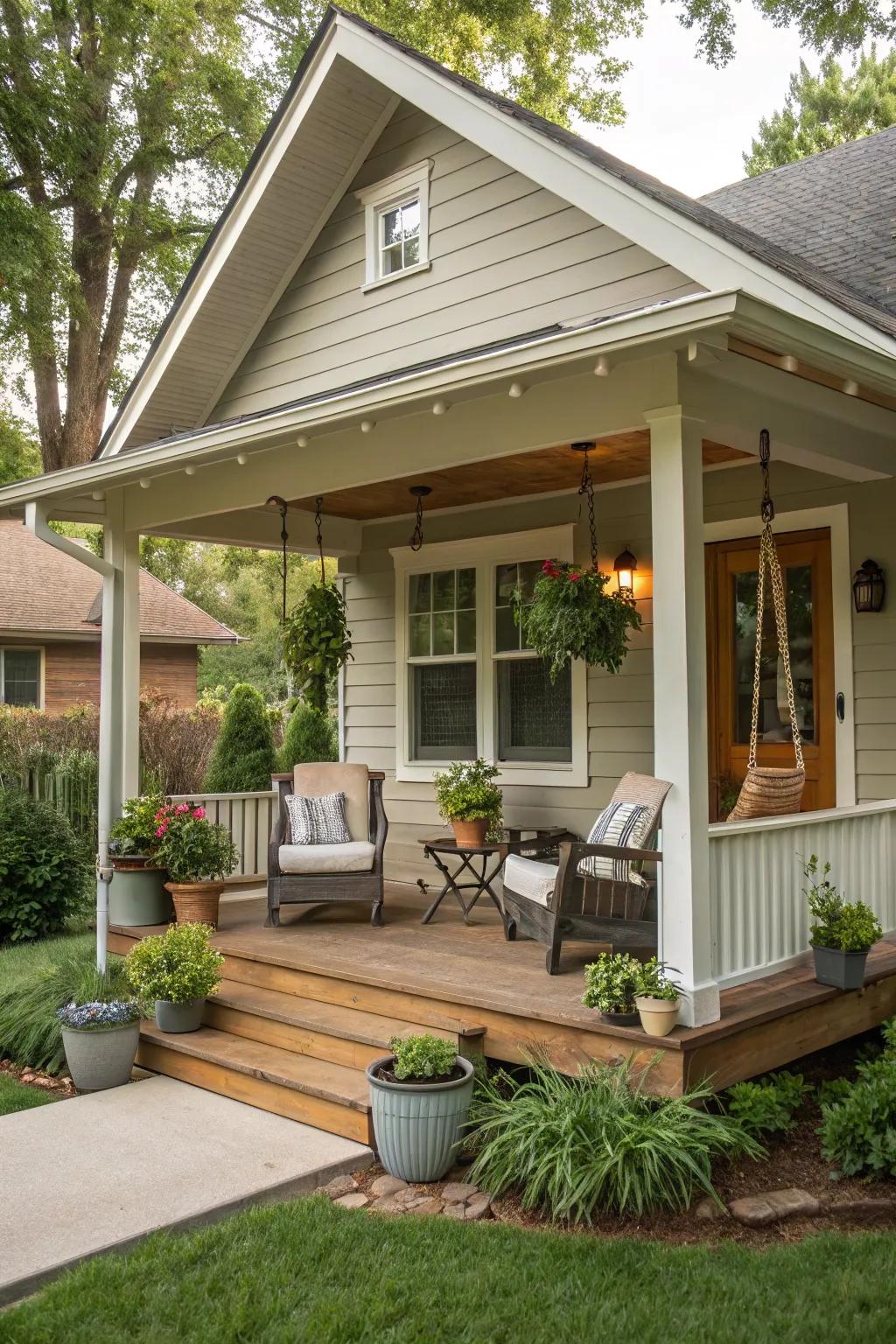 A quaint entryway veranda can provide a friendly welcome and an ideal spot for unwinding.