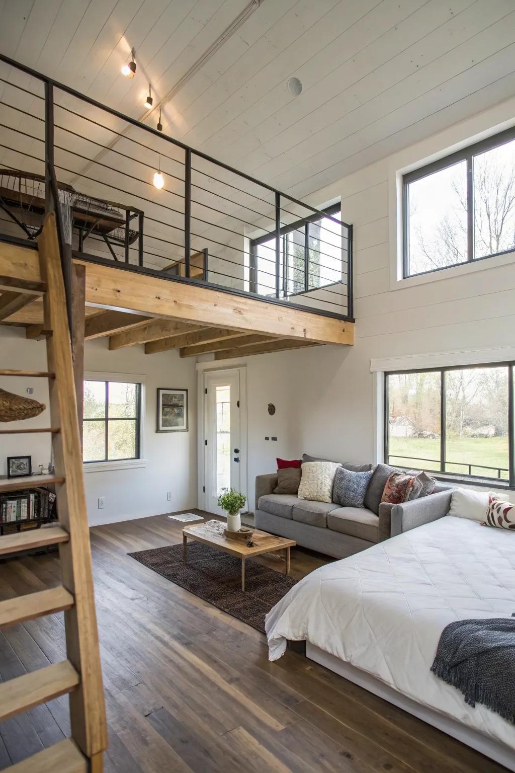 A loft-style bedroom with views of a cozy living area in a compact urban home.