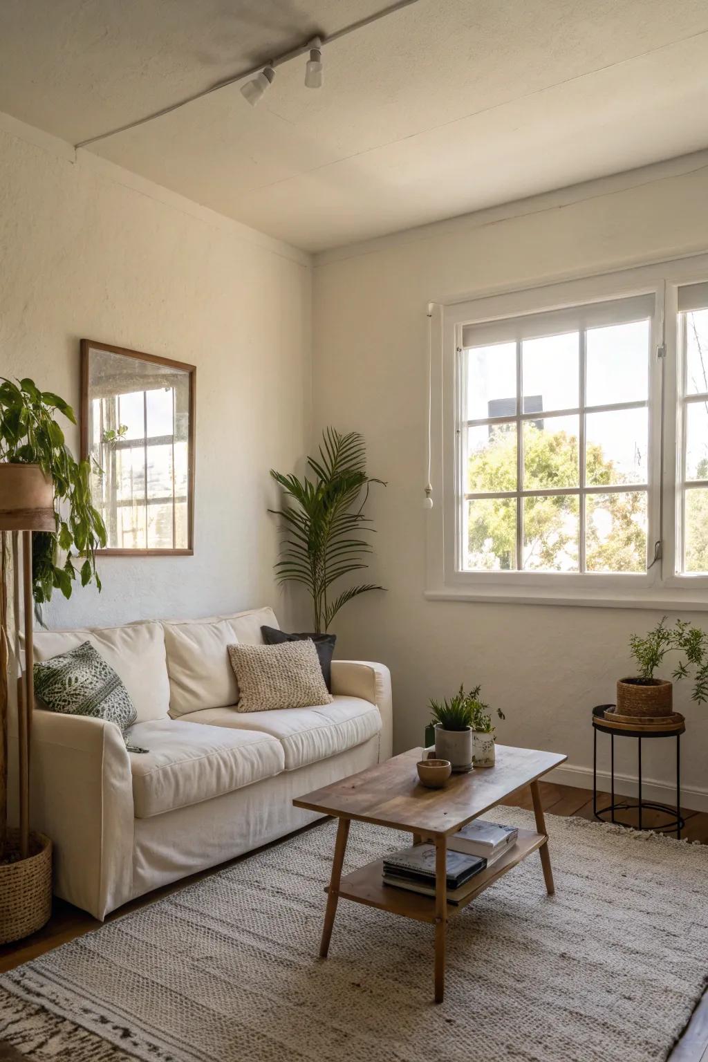 A diminutive living space with creamy white walls crafting a broad atmosphere.