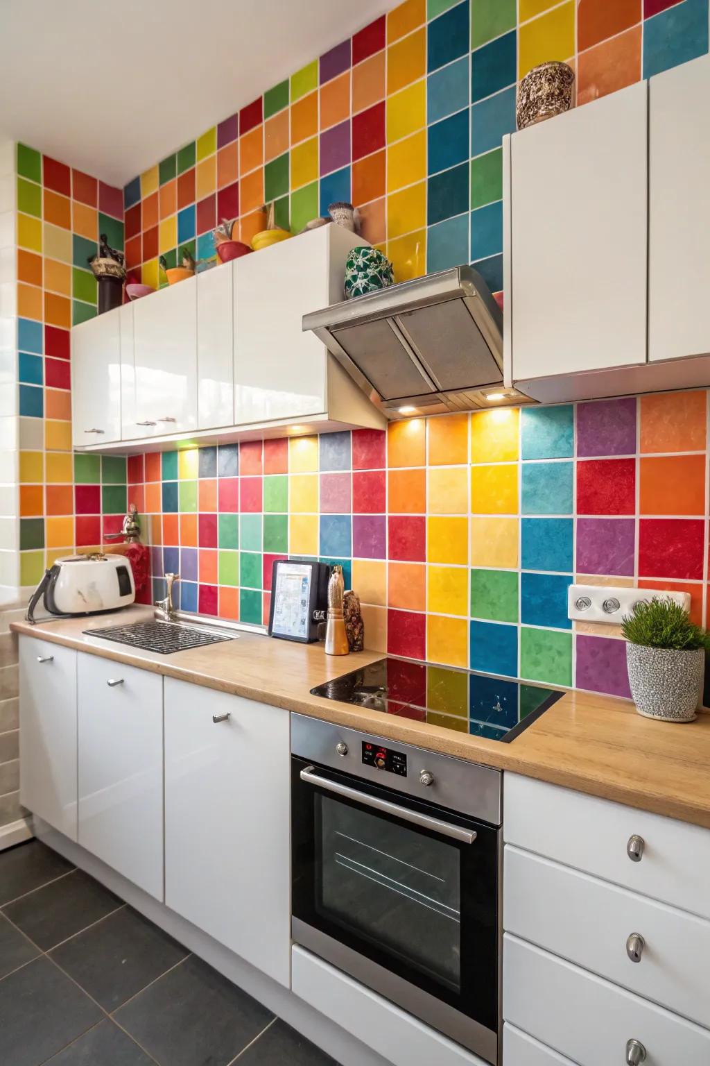 Brighten your cooking space using vibrant tiles and a splash of tints.