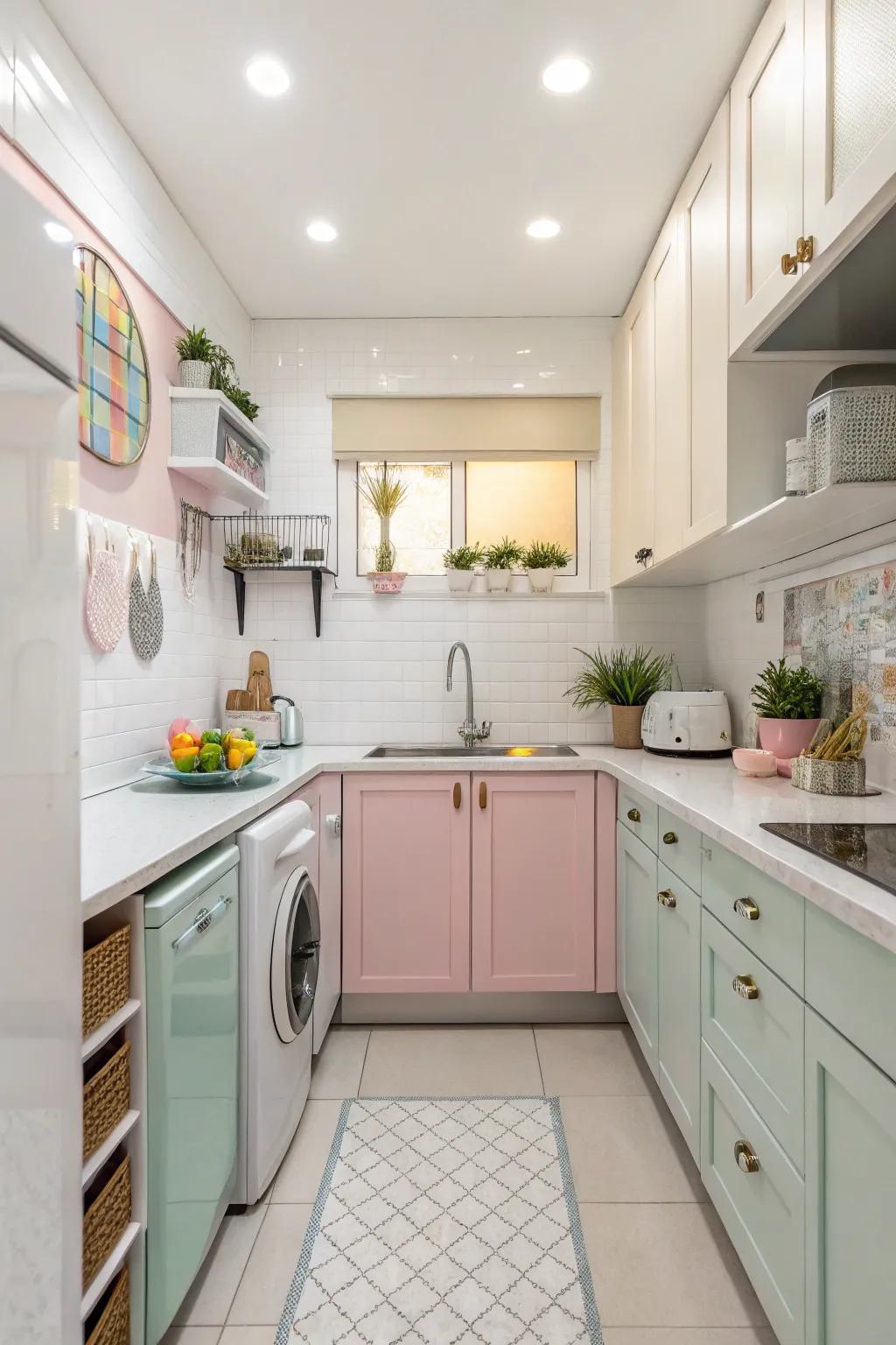 This petite kitchen emanates spaciousness, thanks to its radiant and light color scheme.