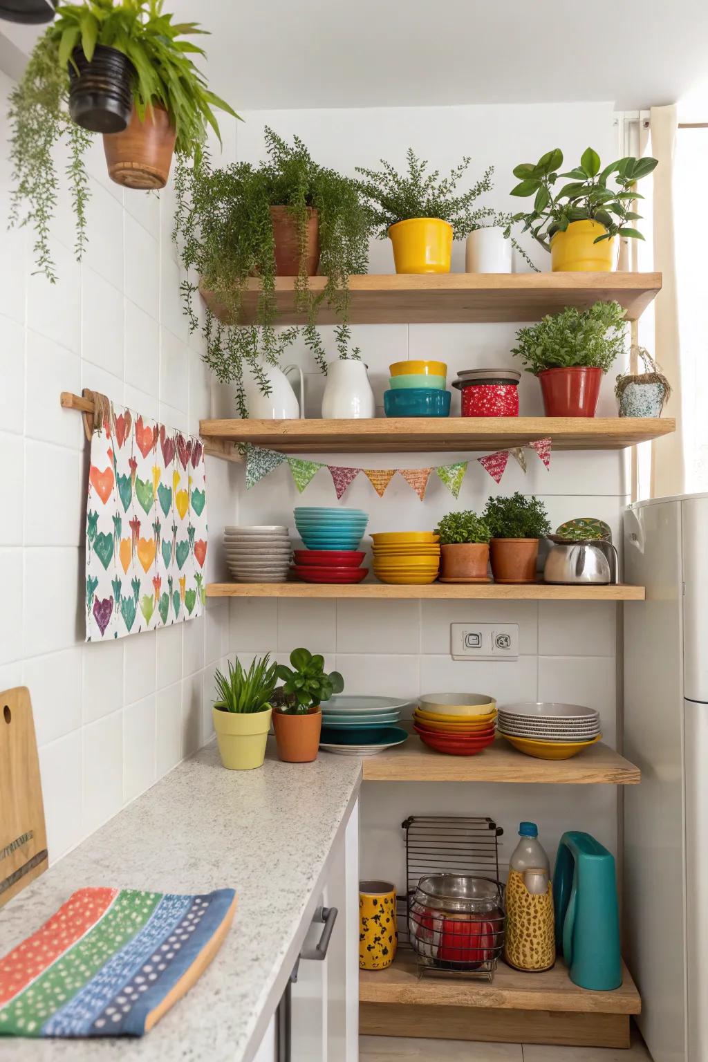 Open shelving cultivates a breezy ambiance and offers functional storage within a limited kitchen space.