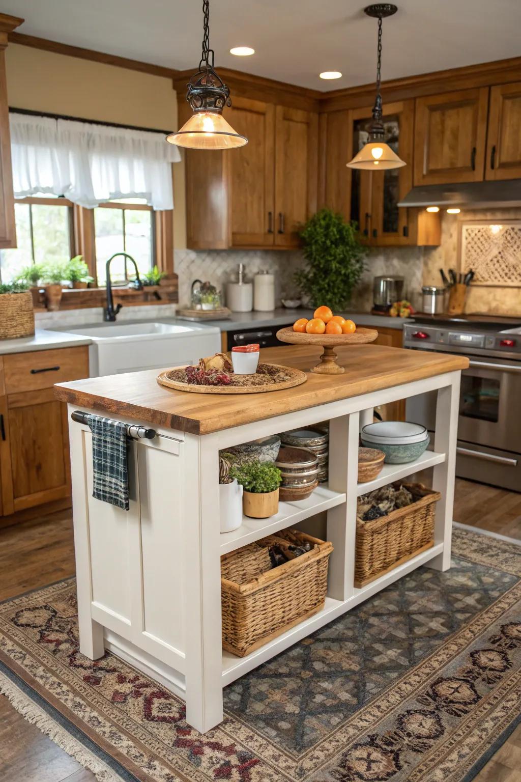 A compact island featuring a timber block top, perfect for preparation and style.