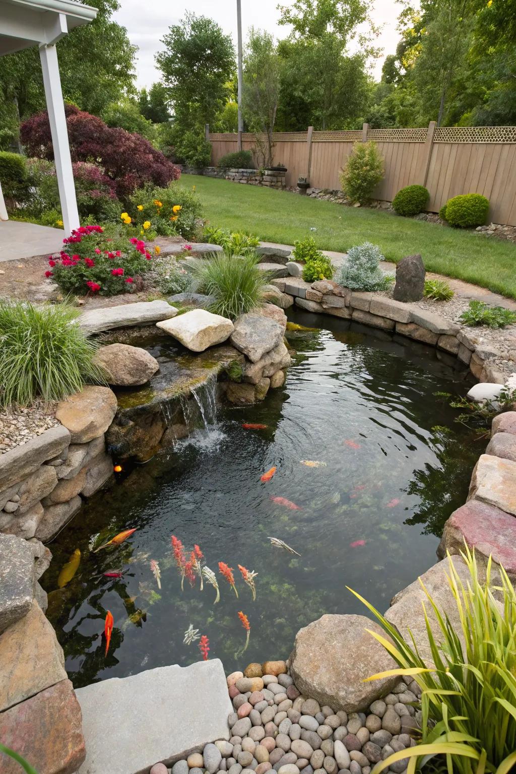 A snug corner water garden accented with a natural stone edge.