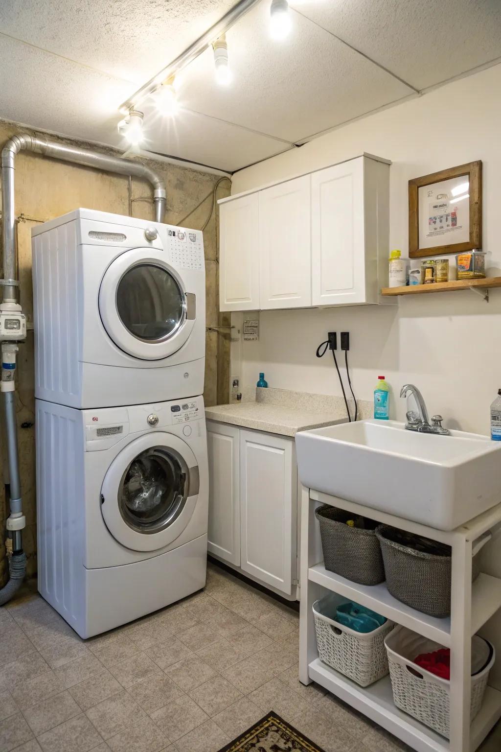 Efficient use of vertical space in a small laundry room.