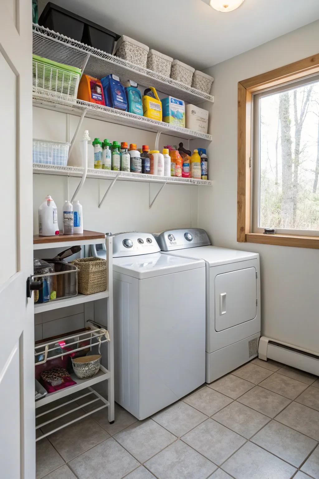 Make use of the wall's vertical height with storage to maintain a tidy laundry area.