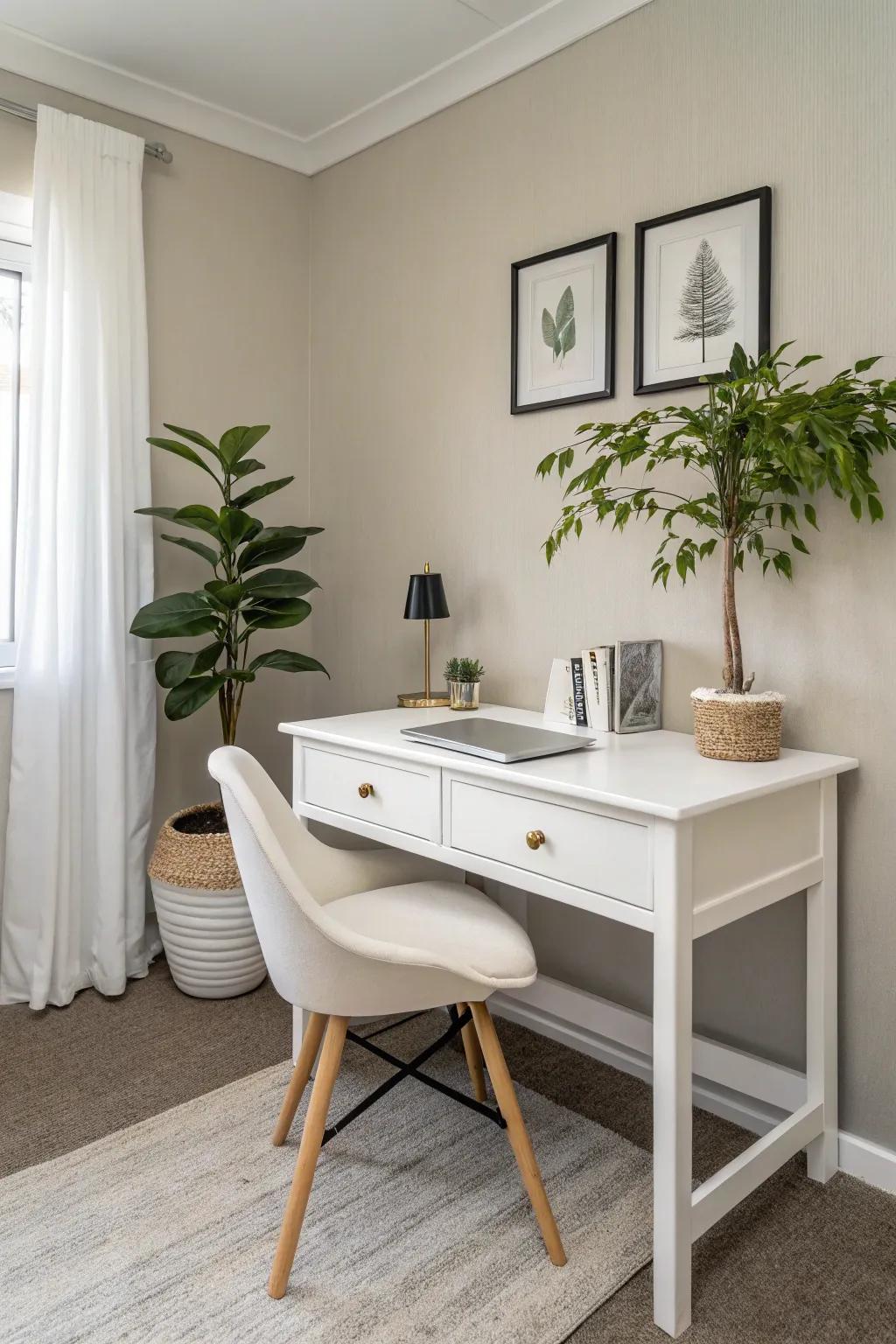 A simple small office designed with a clean, airy feel.