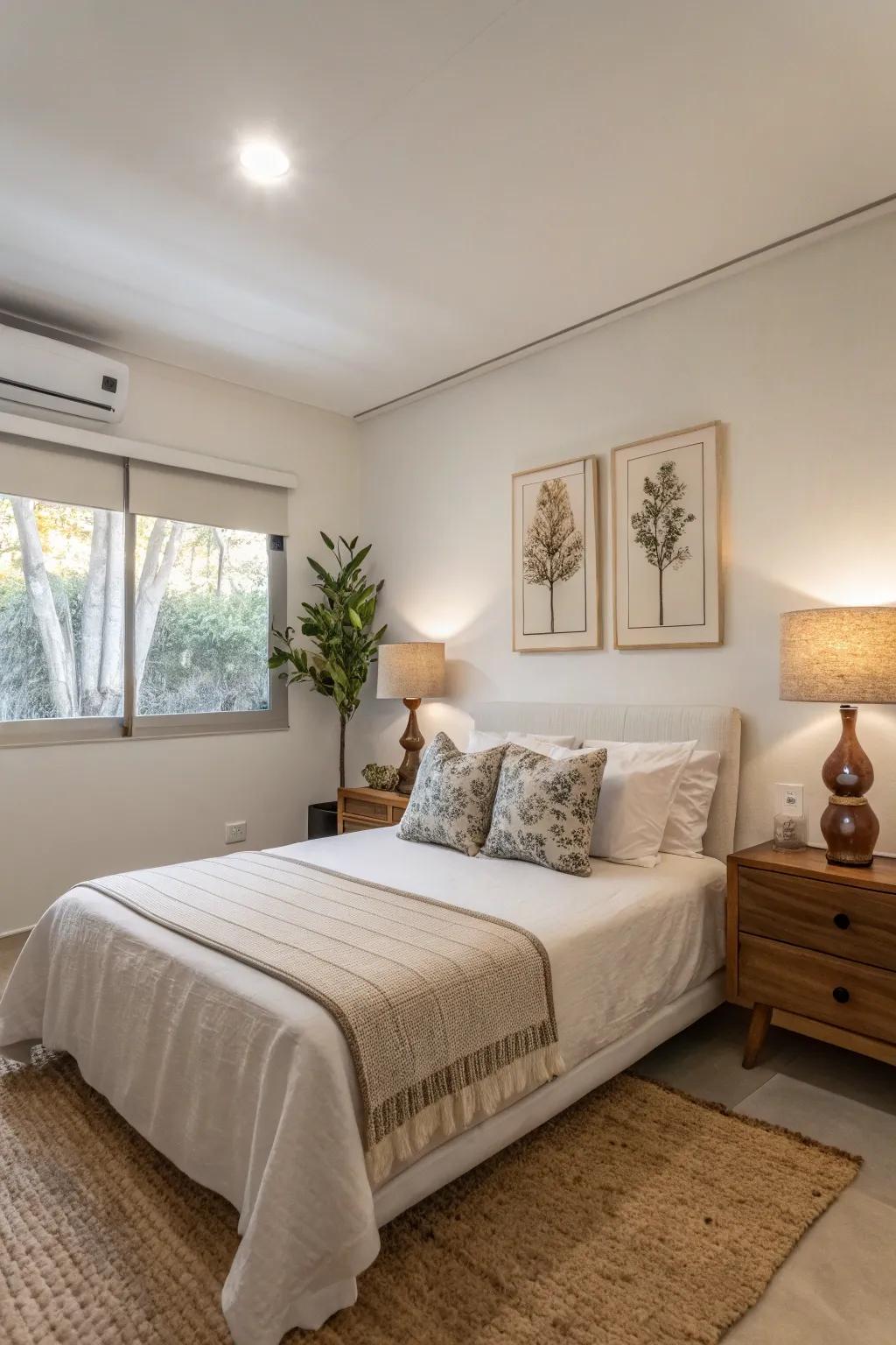 A minimalist design enhances space and promotes tranquility in a compact primary bedroom.