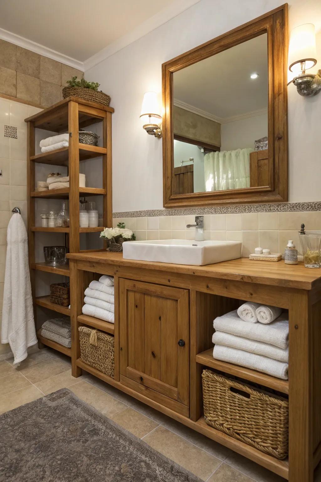 A homespun bathroom is enriched by a timber washstand and complementing shelves.