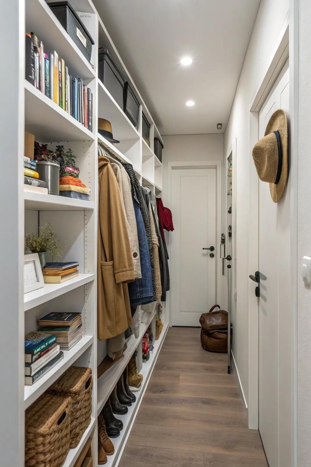 Vertical storage keeps everything neat and accessible in a small hallway.