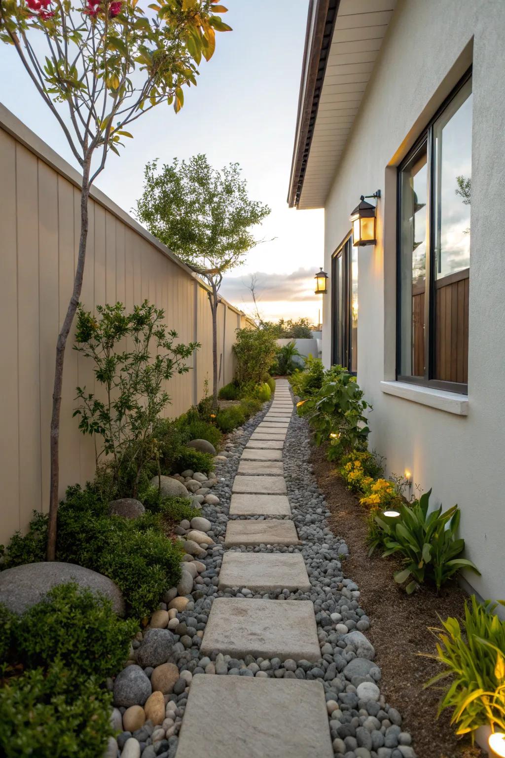 A stone walkway introduces charm and practicality to a slim side yard.