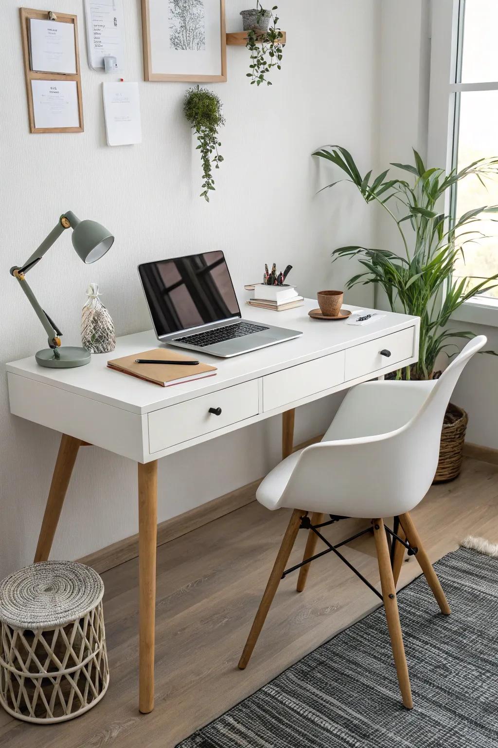 A minimalist desk grounds the space, with simplicity and style.