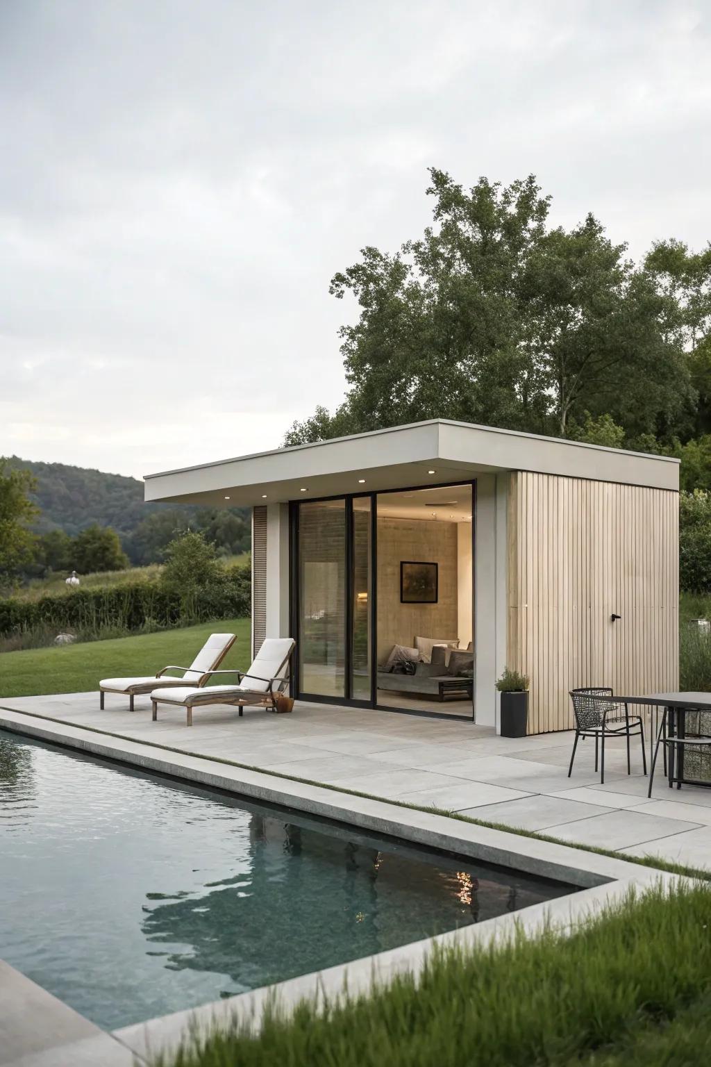 A minimalist pool house aesthetic that prioritizes simplicity and practicality.