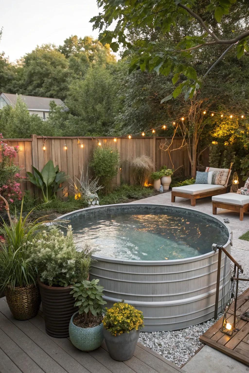 A budget-conscious stock tank pool situated amidst lively greenery.