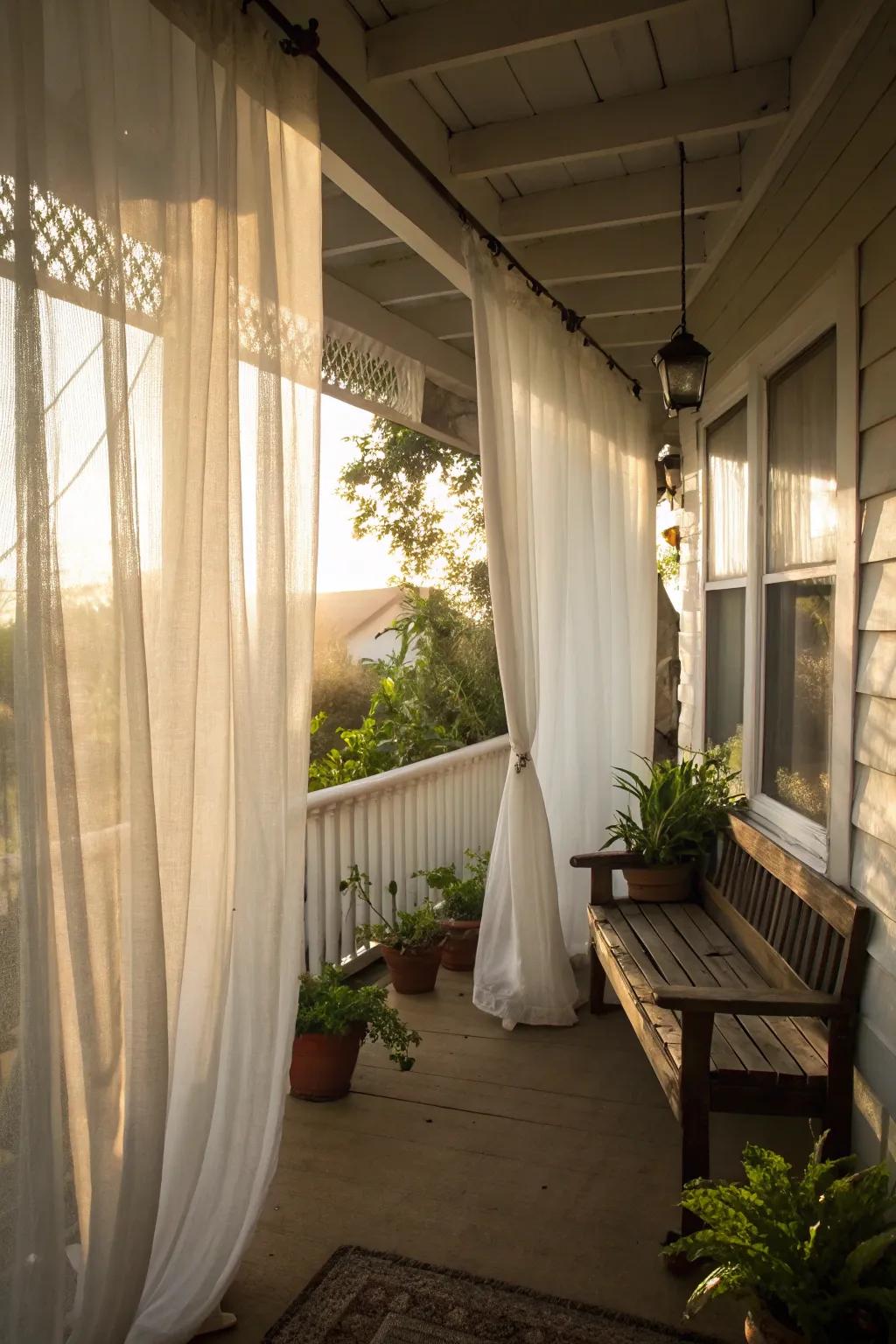 Delicate white curtains imbue your small porch with light and sophistication.