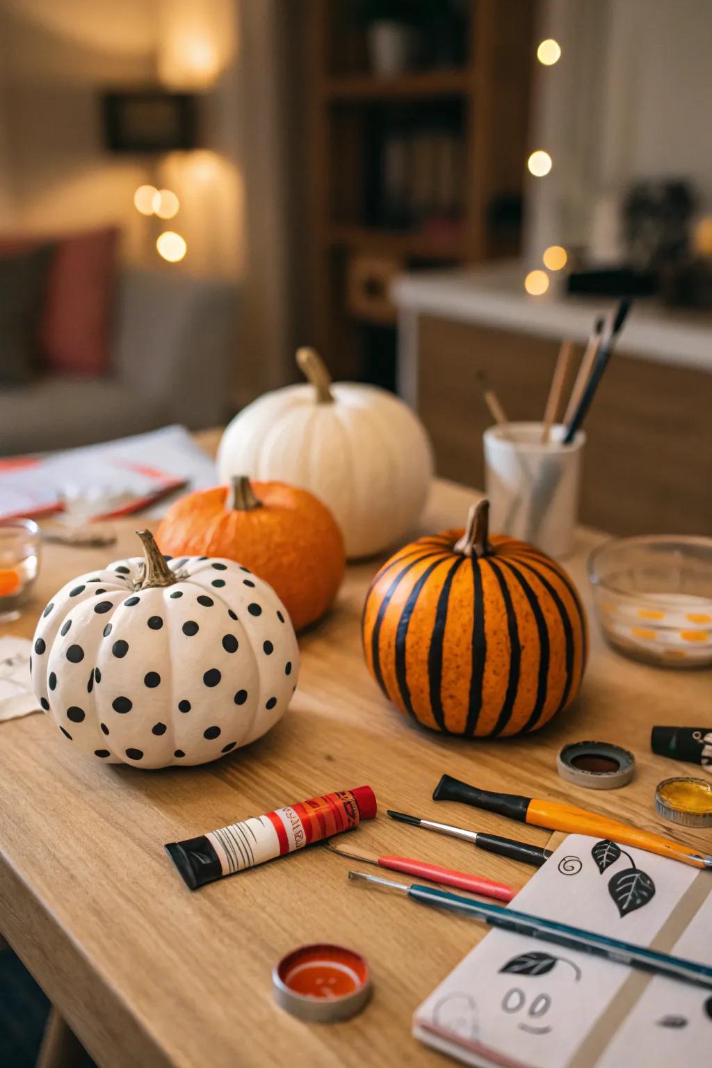 Playfully painted pumpkins bring a cheerful vibe to your seasonal decor.