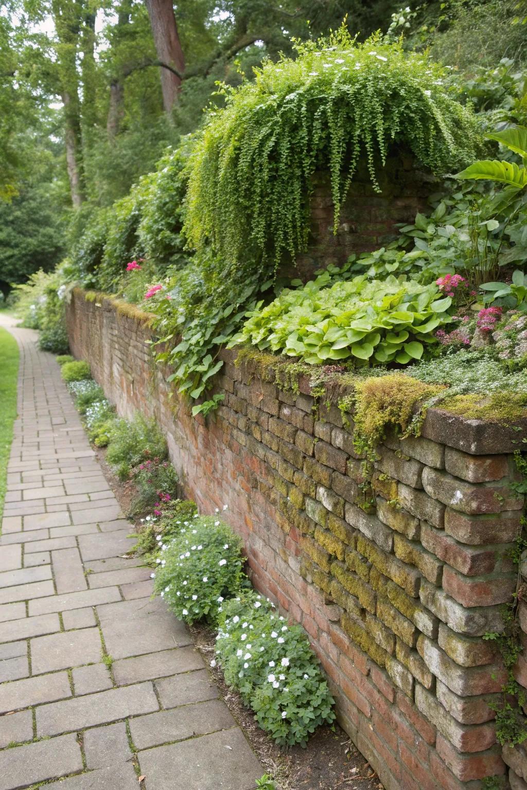 A harmonious fusion of brick and stone fashions a timeless retaining wall.