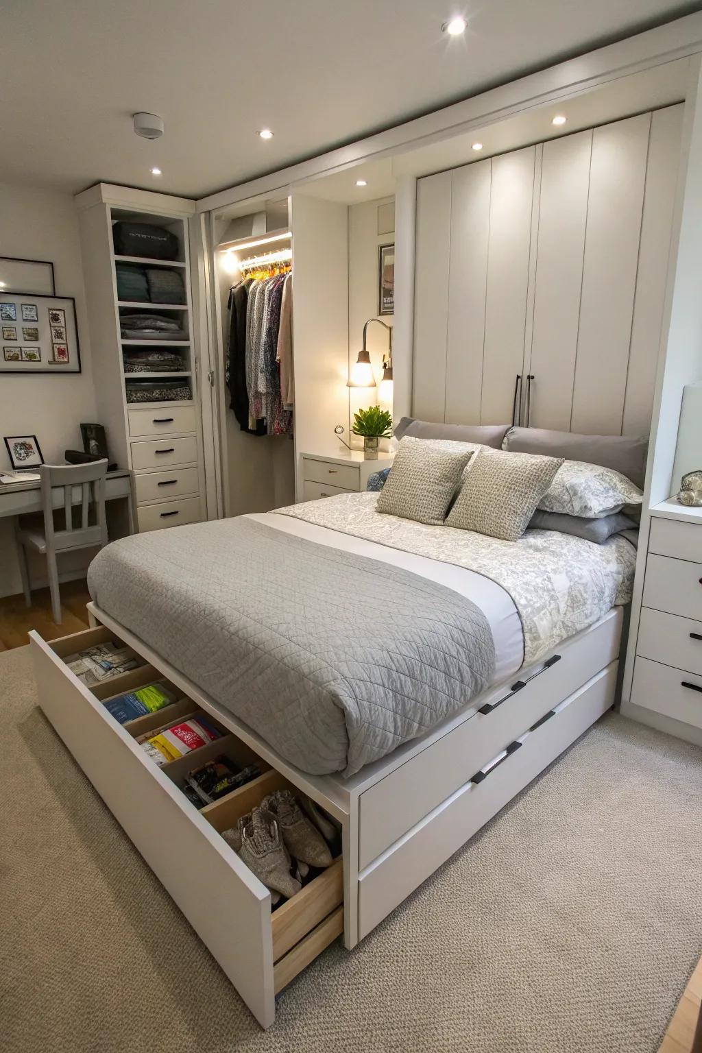 With its built-in storage, this bed makes the most of the available space in a tiny room.