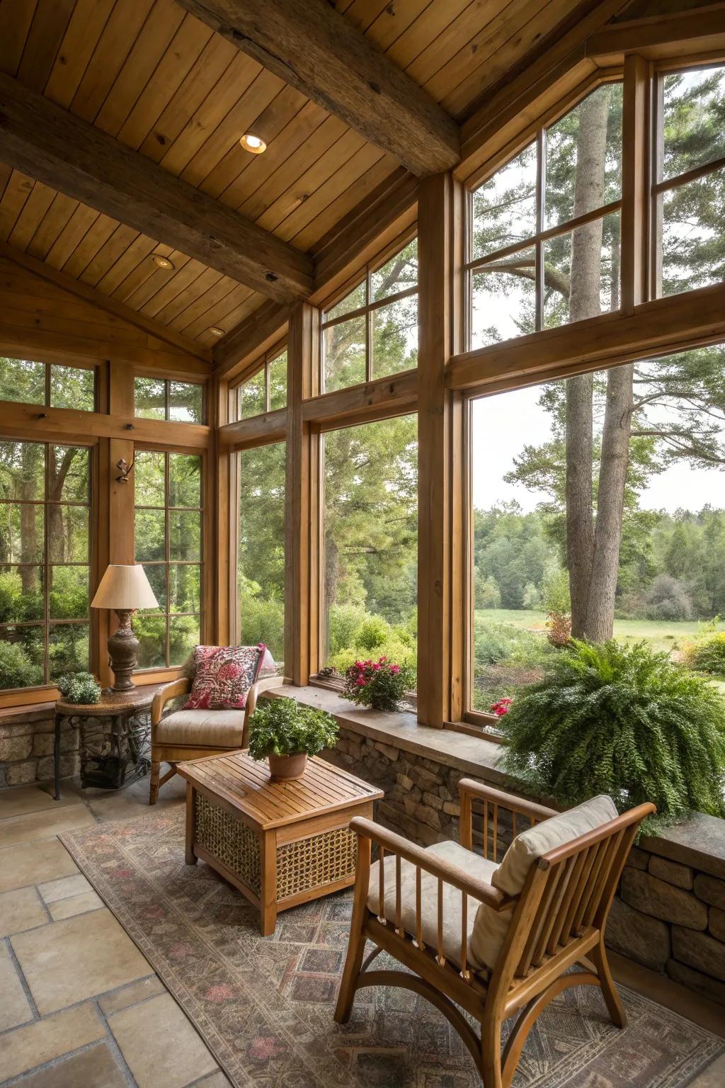 Vast windows in a country-style glass room create an unbroken link with the surrounding landscape.