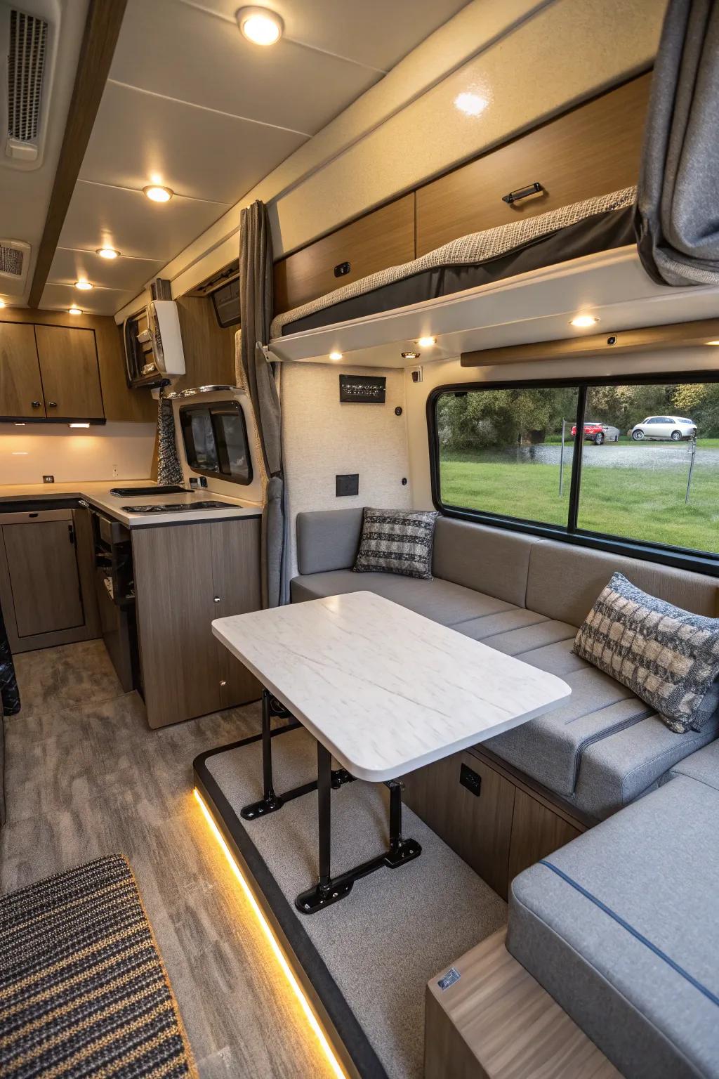 Thoughtful furniture choices can dramatically enhance the sense of space and utility in your compact RV.