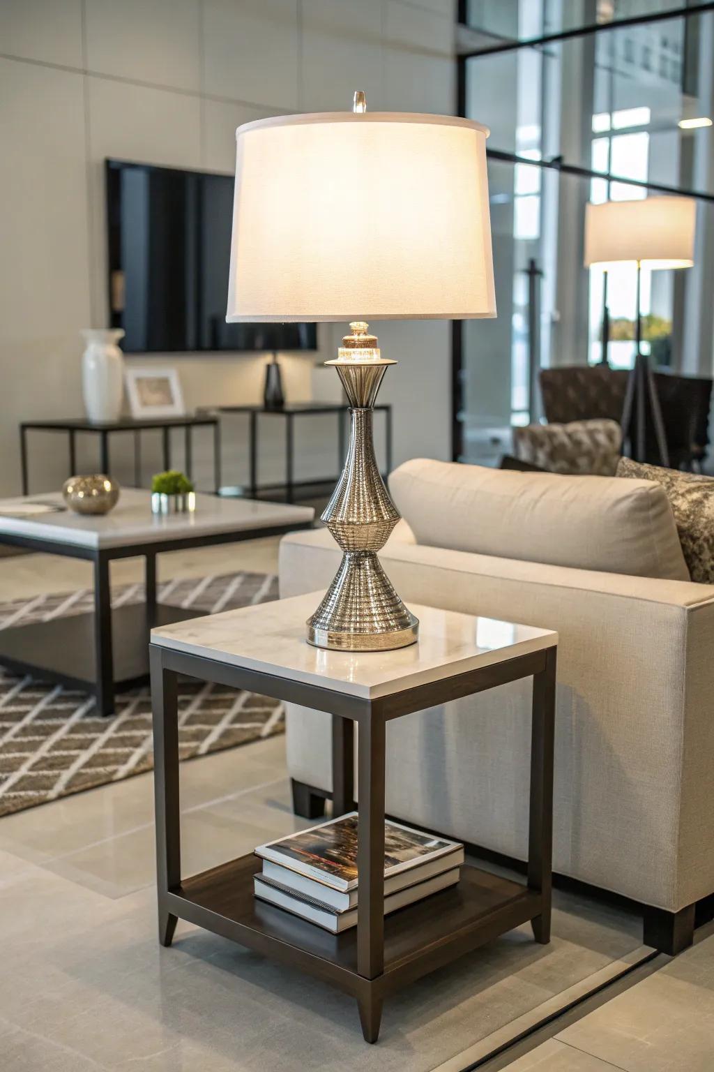 A compact accent table enhanced by an elegant lamp.