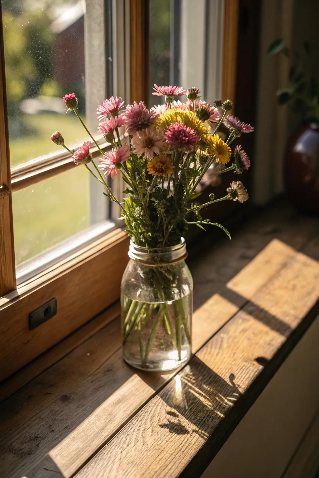 Wildflowers in a conserve jar introduce a rustic charm to any kitchen.