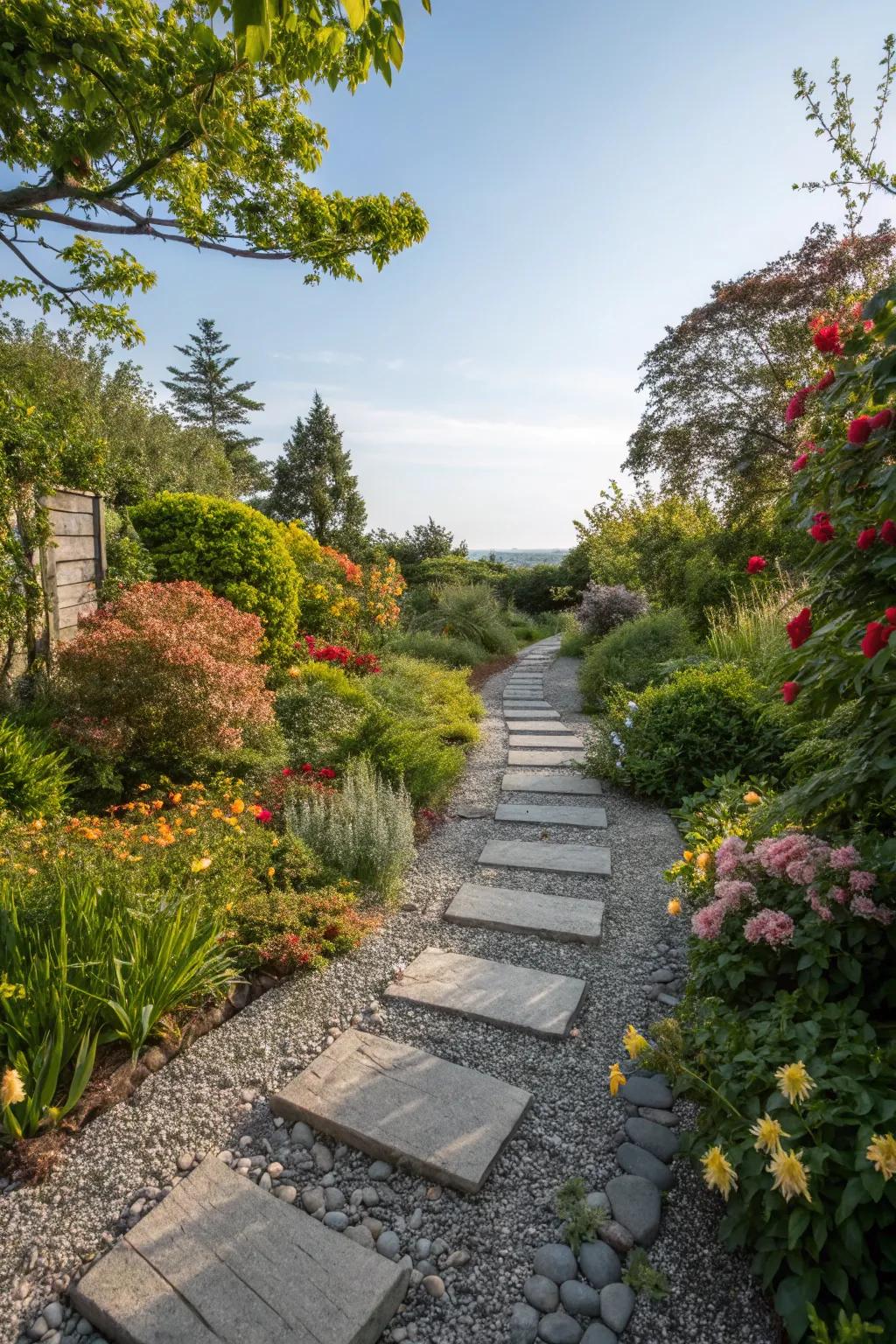 A natural rock walkway meandering through abundant garden foliage.