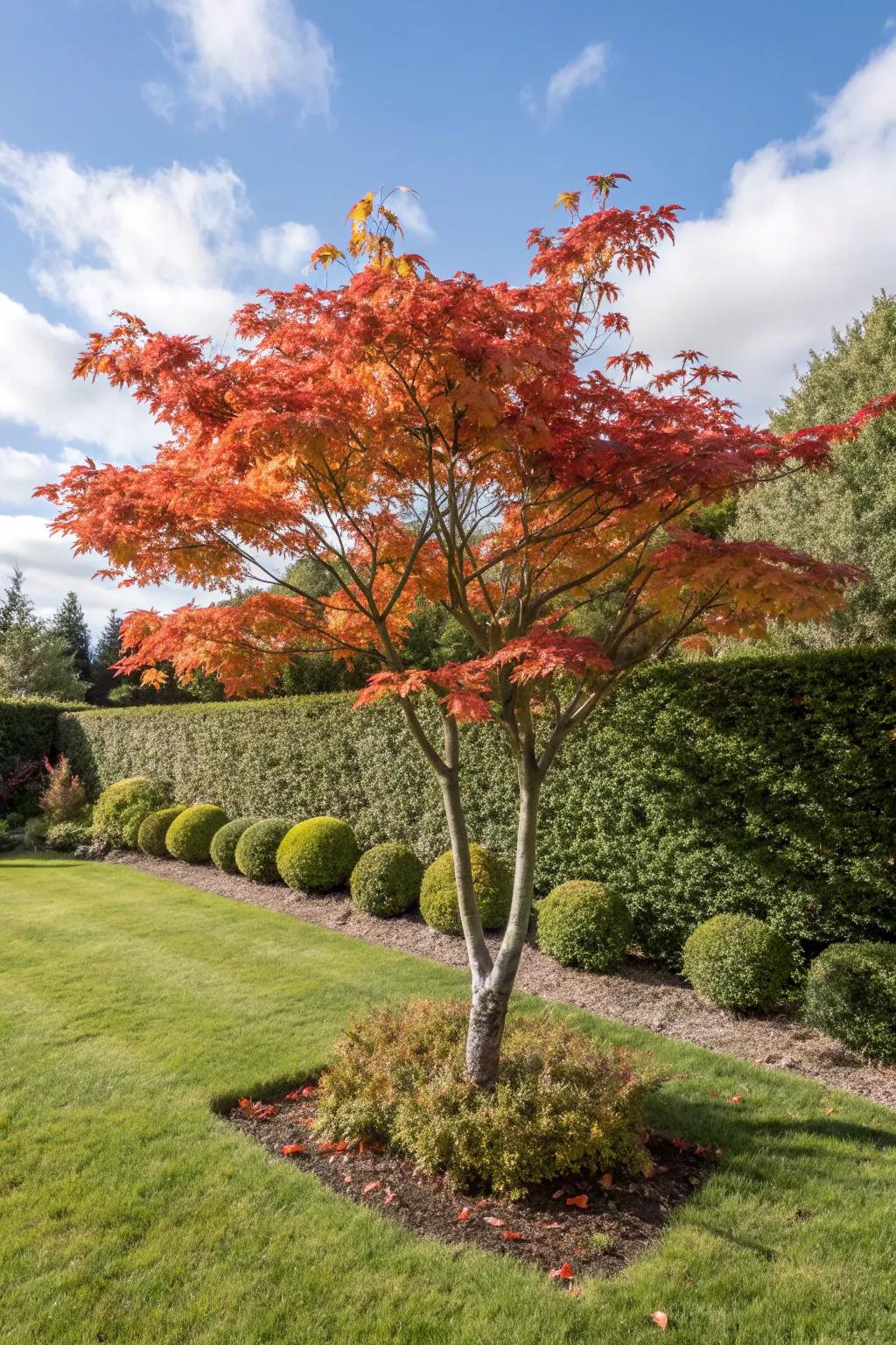 A crimson leaf maple exhibits its breathtaking autumn shades in a front garden.