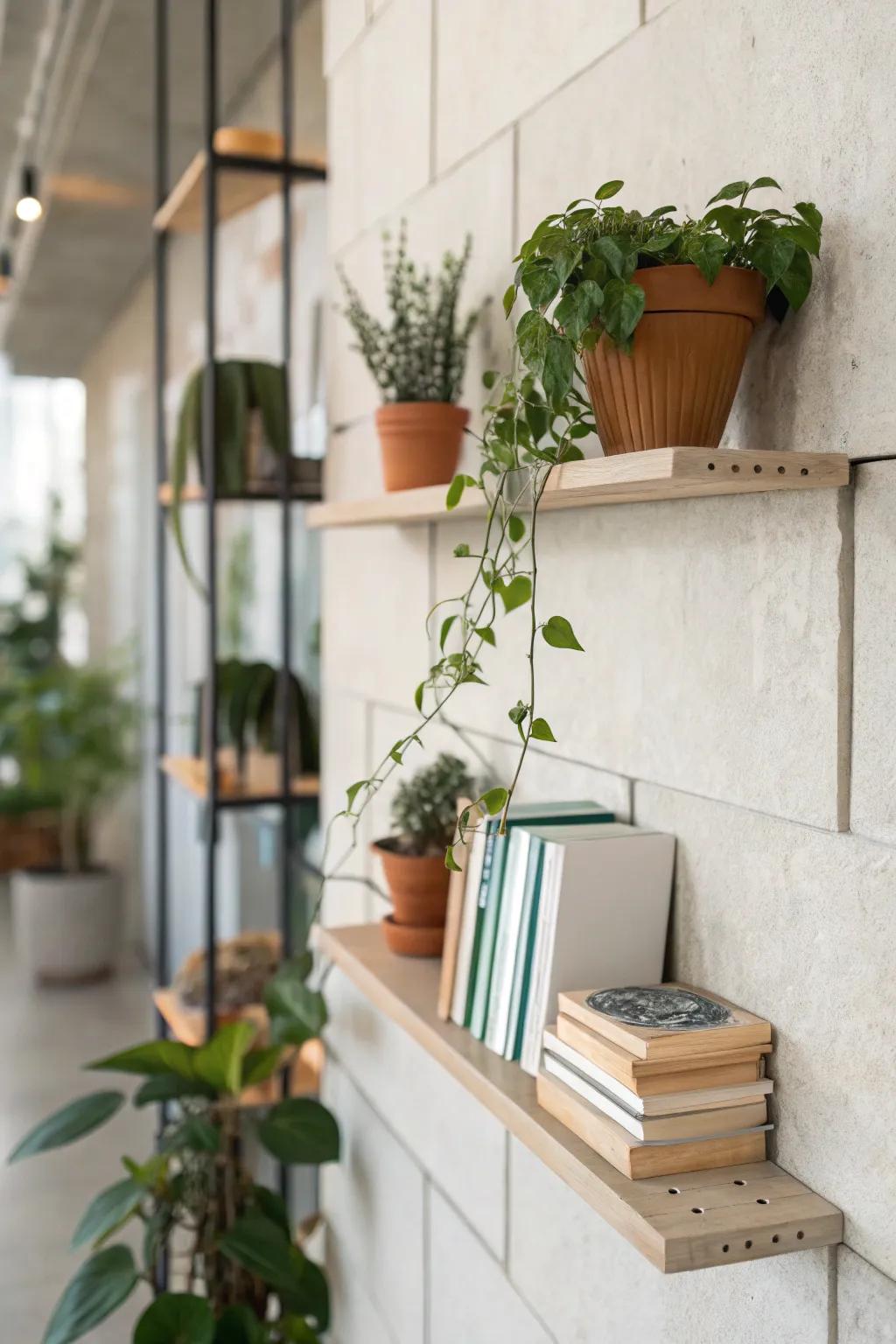 Understated shelves showcasing plants and books with grace.