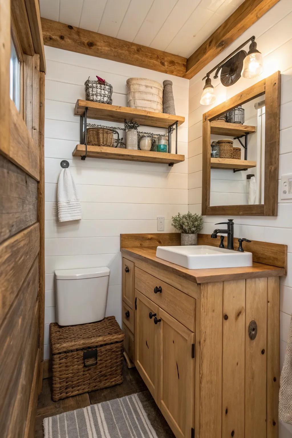 Salvaged wood imparts warmth and texture to compact spaces.