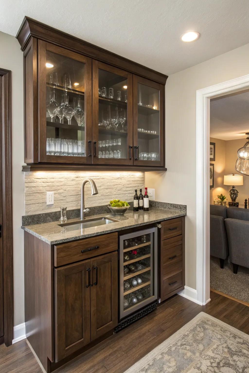 Streamlined cabinets within a petite wet bar, crafted for effective storage.